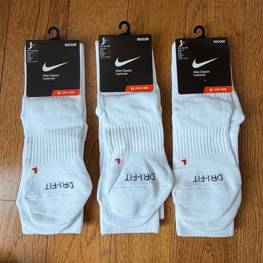 Nike Dry-Fit Classic Cushioned Soccer Socks Lot 3 White Over Calf